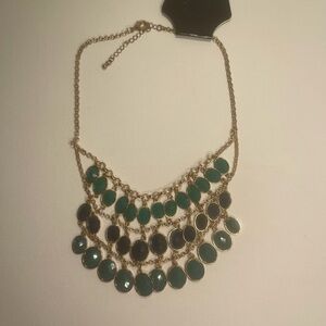 Gold-Tone Tiered Statement Necklace Featuring Green and Blue Disc Beads